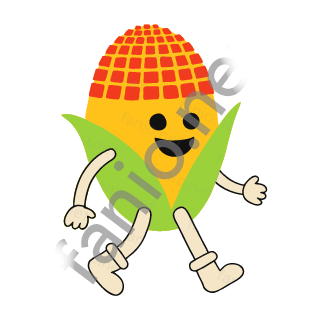A yellow corn cob with red kernel squares on top, two lime husk leaves and a wide smile, walking on sand legs.