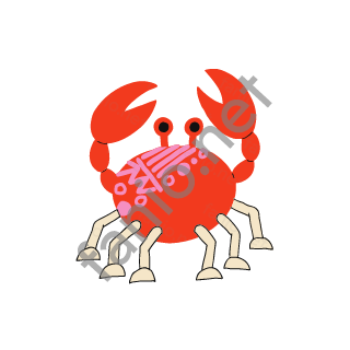 A red crab with two big raised claws, eyes on short stalks and pink marks on its back, walking sideways on six sand legs.
