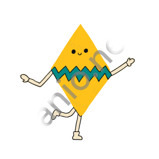 A yellow diamond-shaped monster with a teal zigzag band across its middle and two dot eyes, balancing on one sand leg with both arms stretched out.
