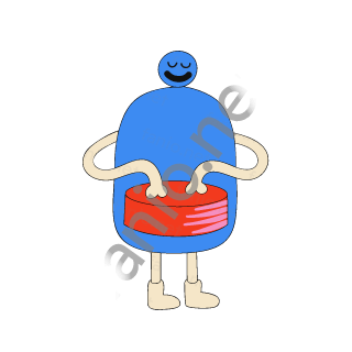 A drummer with a blue rounded coat body and a small blue head with closed happy eyes, tapping a flat red drum held at the belly.