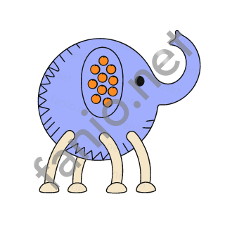 A round lavender blue elephant seen from the side with a curled trunk, one black eye and a big ear covered in orange dots, standing on four sand legs.