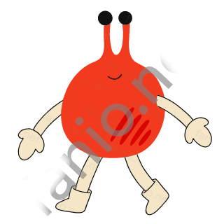 A round red monster with two black eyes on tall red stalks and a few dark red strokes on its belly, walking on sand legs with arms out to the sides.