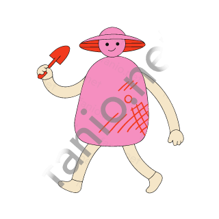 A gardener with a pink apron body, a small pink head and a wide-brim sun hat with red stripes, holding a small red trowel while walking.