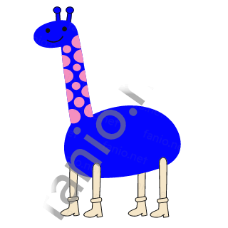 A blue giraffe with a very long neck covered in pink spots, two short horns and a smiling face, standing on four slim sand legs.