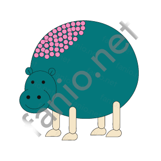 A big dark teal hippo with a wide snout, small ears and a patch of pink spots on its back, standing on four short sand legs.