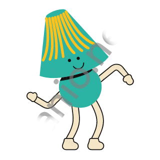 A living table lamp with a teal cone shade marked with yellow strokes, a smiling face and a round teal body, stretching its sand arms and legs.