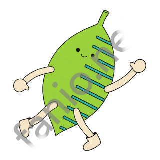A lime green pointed leaf with teal vein strokes on one half and a small smiling face, walking on sand legs with arms swinging.
