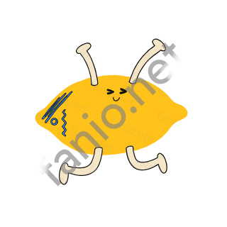 A yellow lemon with squinting eyes and a puckered mouth, a few blue marks on one tip, jumping with sand arms up and legs bent.