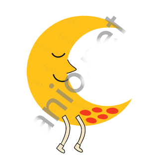 A yellow crescent moon with a closed sleepy eye, a soft smile and orange spots on its lower tip, sitting with two sand legs dangling.