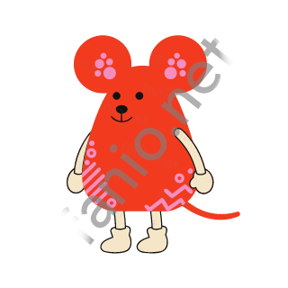 A red mouse standing upright with two big round ears dotted in pink, a small smile, pink marks on its body and a thin tail.