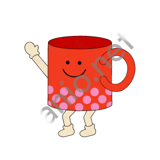 A living red mug with a loop handle, a smiling face and pink dots around its lower band, standing on sand legs and waving one arm.