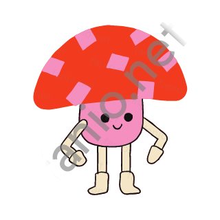A mushroom with a big red cap covered in pink patches and a pink stem body with a small smiling face, standing on sand legs.