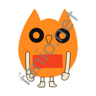 An orange egg-shaped owl with pointed ear tufts, two big black ring eyes, a small beak and a patch of red strokes on its belly, standing on short sand legs.