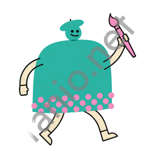 A painter with a teal overall body, a small teal head and beret and pink spots along the hem, holding up a pink paintbrush while walking.