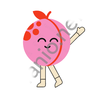 A pink peach with a red leaf on top, a red crease line, red spots on one cheek and closed smiling eyes, waving one sand arm.
