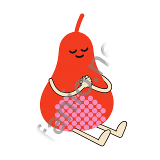 A red pear with a short stem, a sleepy smile and pink dots on its bottom, sitting with sand legs stretched out and hands folded on its middle.
