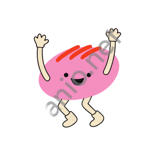 A pink oval pebble monster with red strokes on top and a happy open smile, waving both sand arms on short sand legs.