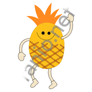 A yellow pineapple with an orange spiky leaf crown and an orange net on its lower half, smiling and dancing on sand legs with one arm waving.
