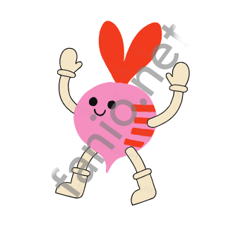 A pink radish with a pointed root tip, two red leaves on top, red stripes on one side and a small smile, waving its sand arms as it walks.