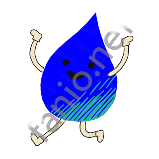 A blue raindrop with a pointed top, a happy open mouth and teal strokes on its lower part, hopping on sand legs with arms up.