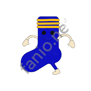 A living blue sock with yellow stripes on its cuff and a cheeky face, hopping on its toe with sand arms out for balance.