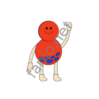 A red monster made of a small ball stacked on a bigger one, a smiling face on top and blue spots on the lower ball, waving one sand arm.