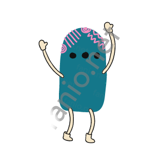 A tall dark teal pillar-shaped monster with three black dot eyes in a row and pink rings on top of its head, standing on thin pale sand legs with both arms up.