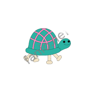 A small teal turtle with a domed shell crossed by a pink net pattern, a smiling head and four short sand legs.