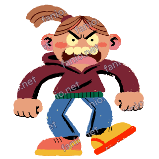 A figure with a ponytail, gritted teeth and clenched fists stomping one yellow shoe, in a maroon hoodie and blue jeans.