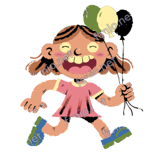 A figure in a pink dress running with a big grin, holding three balloons in green, cream and black.