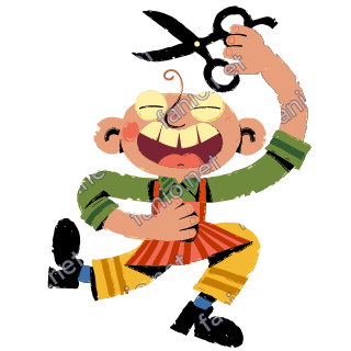 A barber with a single curl of hair dancing and waving big black scissors overhead, in a green shirt, red apron and yellow trousers.
