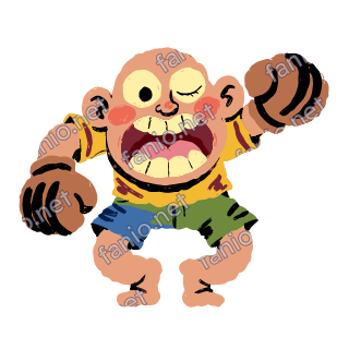 A bald boxer winking and shouting as he throws a punch in brown gloves, in a yellow top and blue and green shorts.