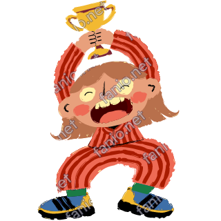 A figure in a red striped tracksuit holding a golden trophy high overhead with a shout of joy.