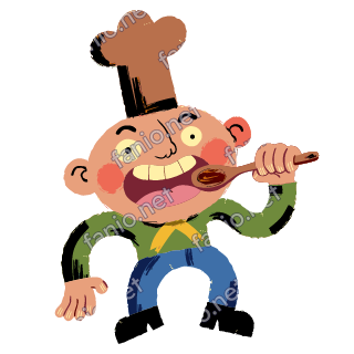 A chef in a tall brown hat and yellow neckerchief tasting sauce from a wooden spoon, in a green sweater and blue trousers.