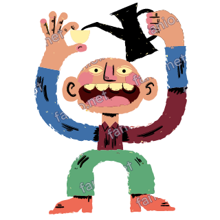 A bald figure with arms raised, pouring from a black coffee pot into a small cup held high, in a red shirt and green trousers.