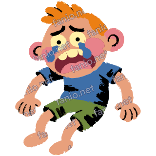 A figure with ginger hair sitting slumped with blue tears running down its cheeks, in a blue tee and green shorts.