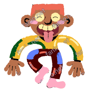 A figure with an orange flat top sticking out a pink tongue and dancing on one leg, in a yellow sweater with green cuffs and patched maroon trousers.