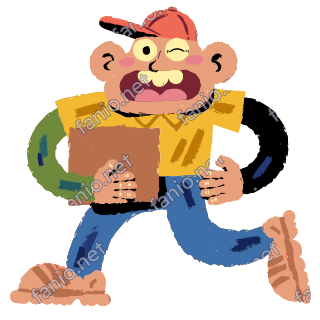 A winking courier in a red cap and yellow shirt striding along with a brown parcel under one arm.