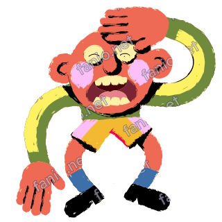A figure groaning with one hand slapped on its forehead and eyes shut, in a green and yellow top and yellow shorts.