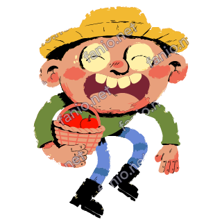 A figure in a straw hat with a big toothy grin, carrying a basket of red apples, in a green sweater and black boots.