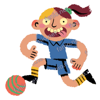 A figure with a ponytail and tongue out kicking a coral ball with green stripes, in a blue football kit and striped yellow socks.