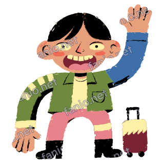 A figure with black hair waving goodbye beside a small maroon and cream suitcase, in a green jacket and pink trousers.