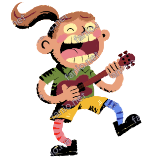 A figure with a ponytail singing loudly while strumming a maroon ukulele, in a green shirt, yellow shorts and mismatched striped socks.