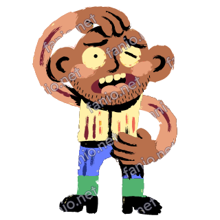 A bearded man scratching his head with one eye squinted and his mouth open in confusion, in a cream vest and blue trousers.