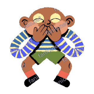 A crouching figure with squeezed eyes clapping both hands over its mouth, in a blue and cream striped sweater and green shorts.