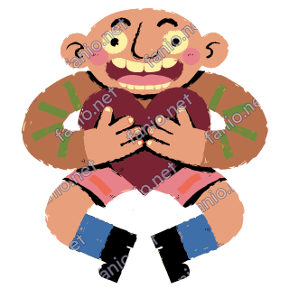 A bald figure with a wide smile sitting and hugging a big maroon heart, in pink shorts and blue socks.