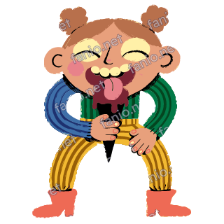 A figure with two hair buns licking a chocolate ice cream cone, in a blue and green sweater and yellow striped trousers.