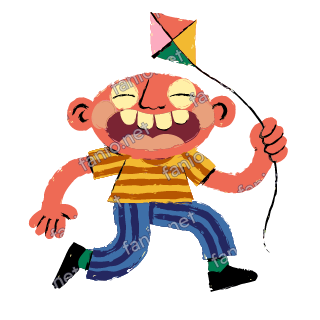 A boy in a striped shirt runs along holding the string of a colourful diamond kite.