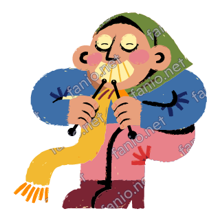 A grandmother in a green headscarf knits a long mustard scarf with two needles, eyes closed in a calm smile.
