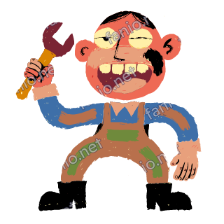A grinning mechanic raising an orange wrench, in brown overalls over a blue shirt and black boots.